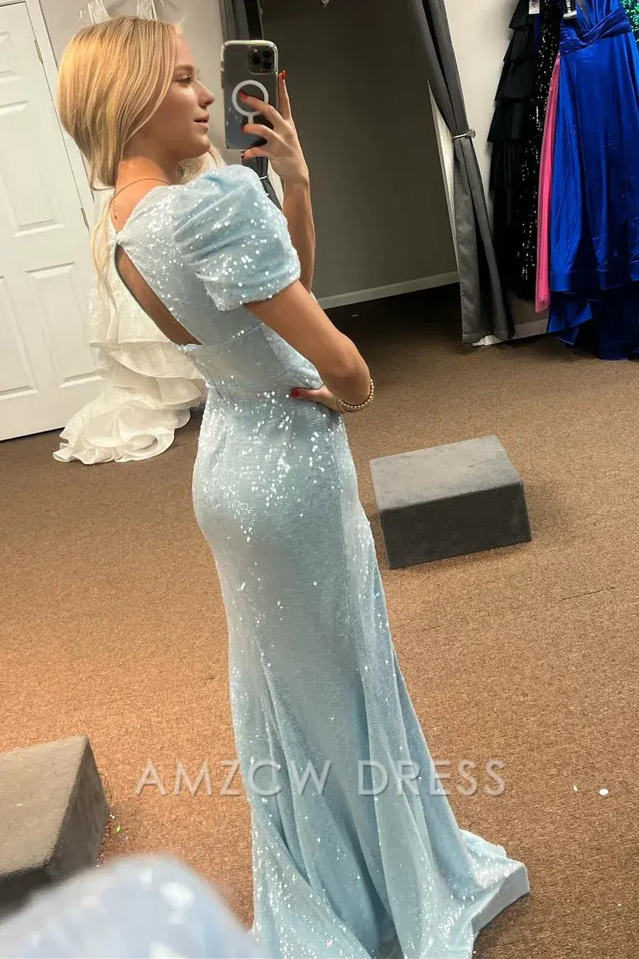Amzcw Elegant Light Blue Sequin Puff Sleeve V-Neck Mermaid Maxi Dress with Slit