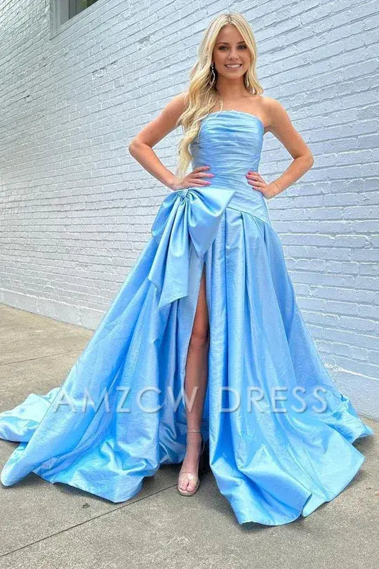 Amzcw Elegant Light Blue Strapless A-Line Prom Dress with Bow