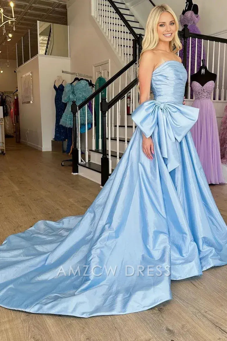 Amzcw Elegant Light Blue Strapless A-Line Prom Dress with Bow