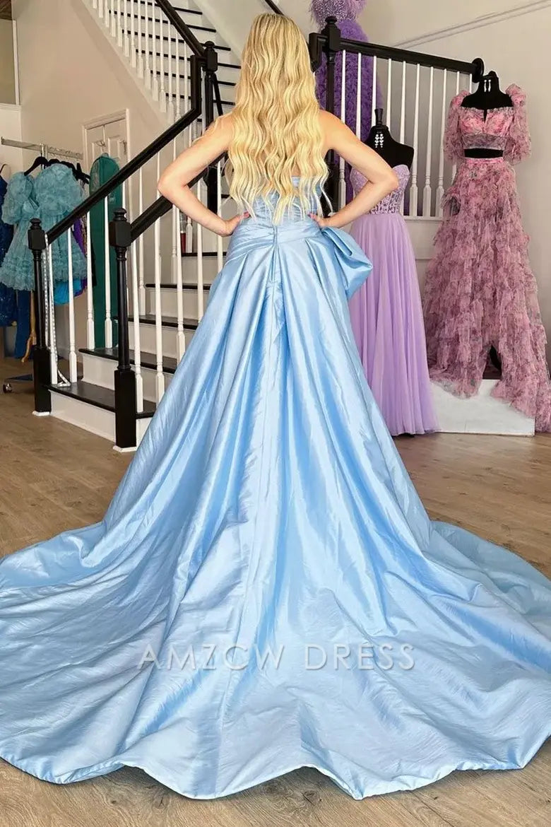 Amzcw Elegant Light Blue Strapless A-Line Prom Dress with Bow