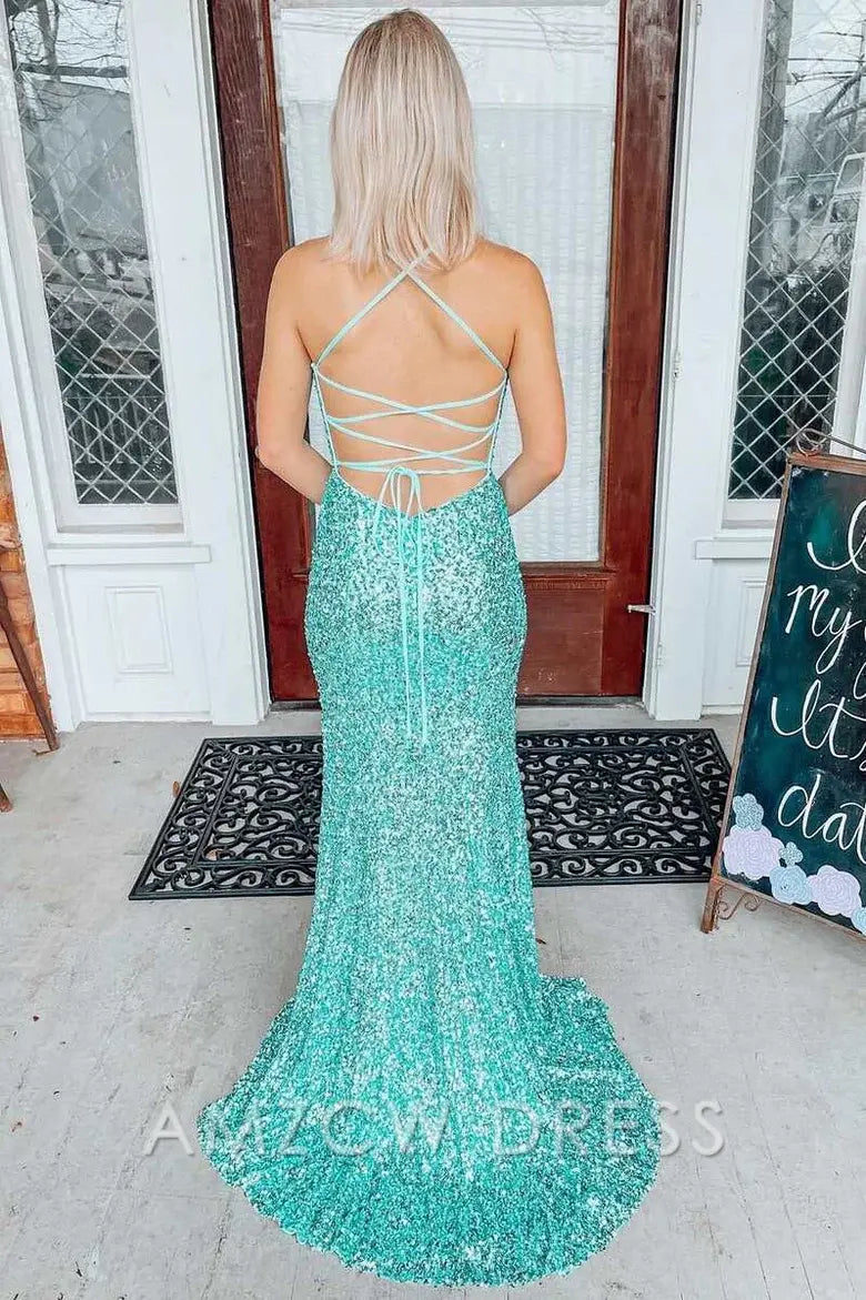 Amzcw Elegant Light Jade Sequin Lace-Up Back Mermaid Long Prom Dress