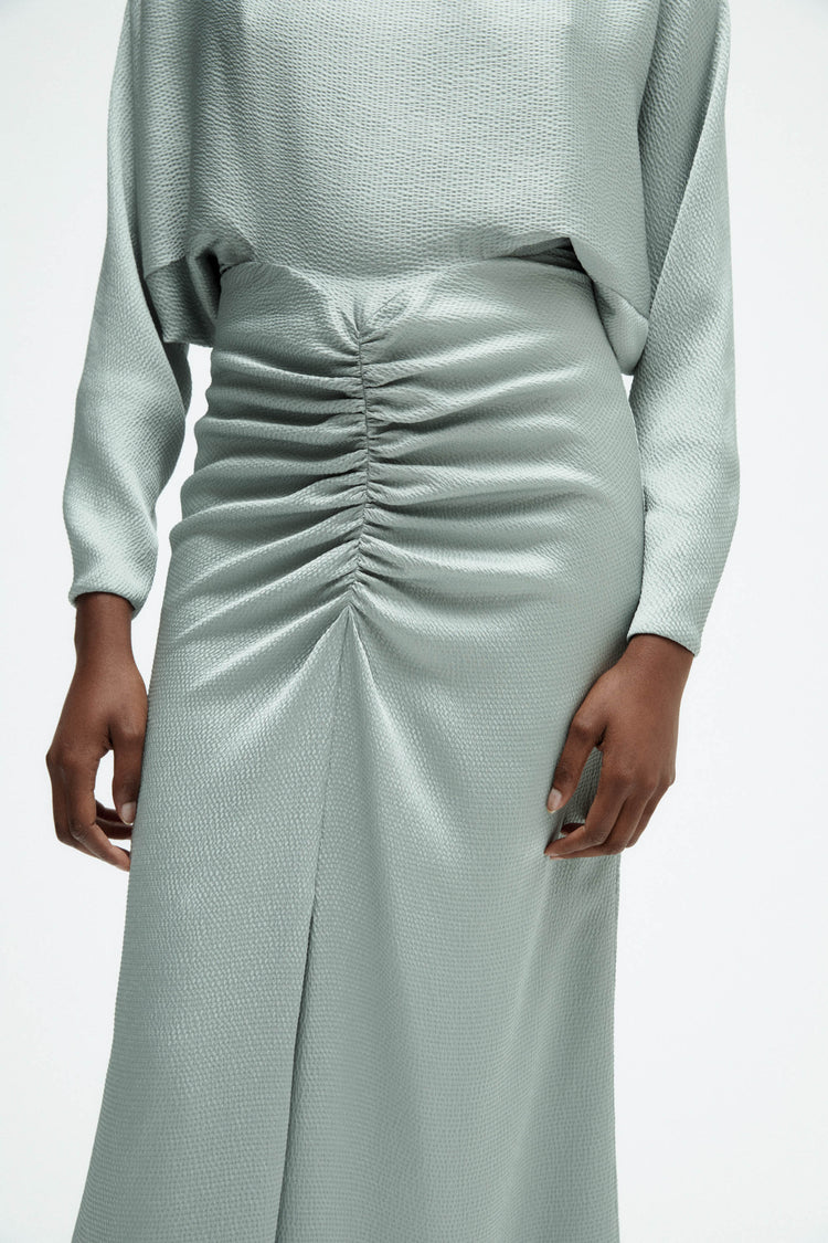 Elegant Long Sleeve Boat Neck Ruched Waist Keyhole Back Satin Evening Dress