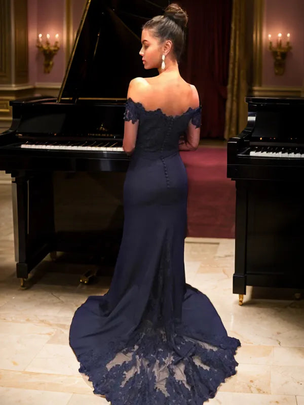 Elegant Mermaid Off-Shoulder Long-Sleeve Lace Back Train-Length Evening Dresses