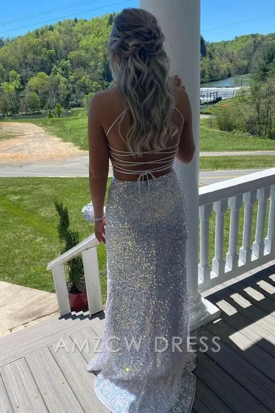 Amzcw Elegant Mermaid White Sequins Long Prom Dress with Slit