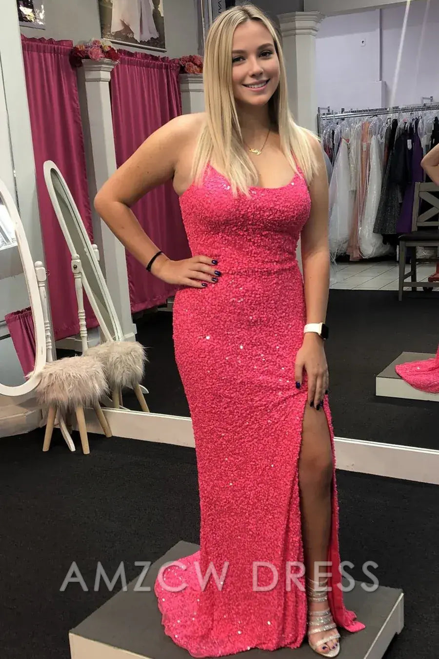 Amzcw Elegant Neon Pink Sequin Mermaid Long Formal Dress