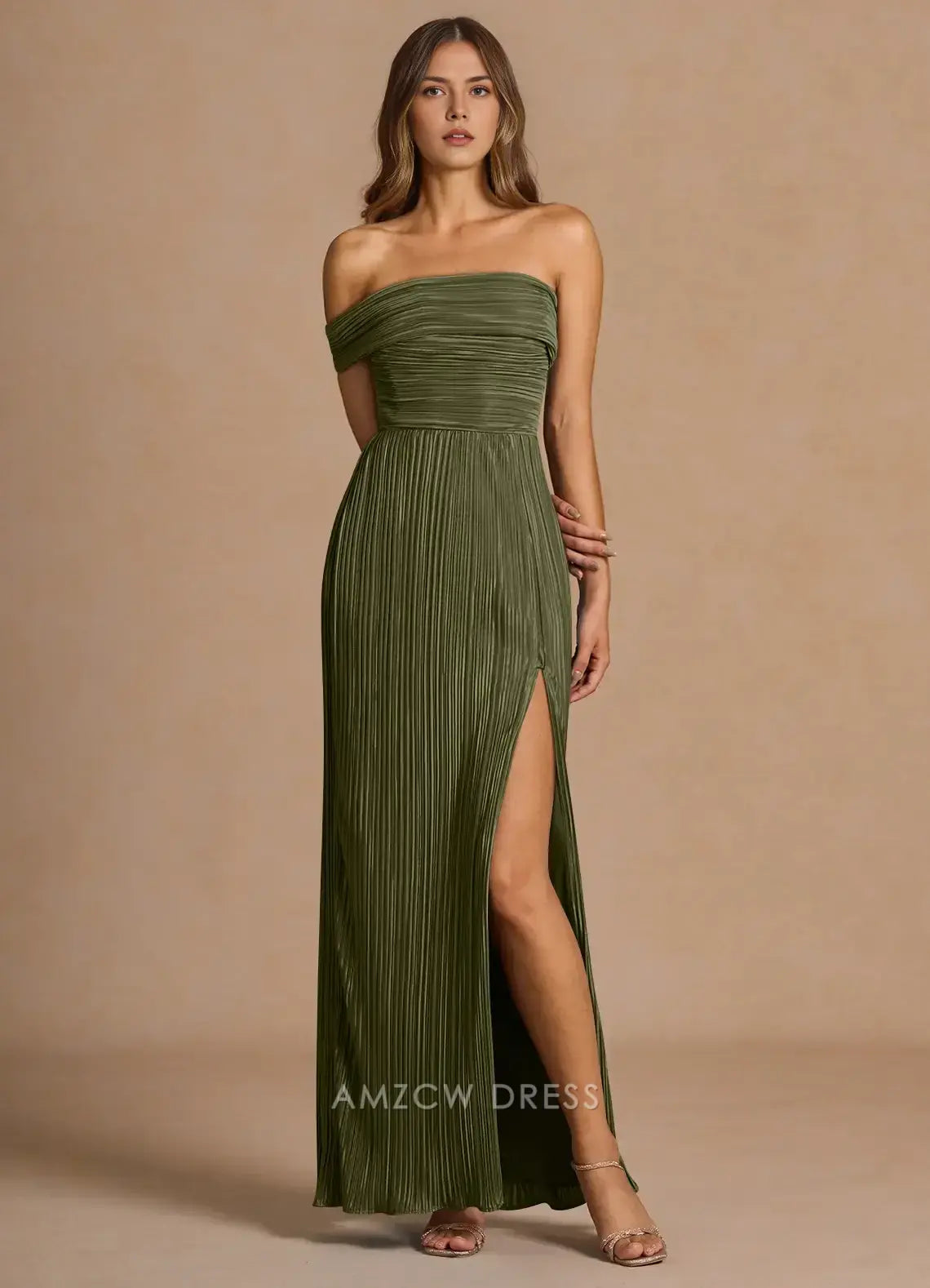 Elegant Off - Shoulder Pleated Ankle-Length Maxi Dress with Side Slit Prom Dress