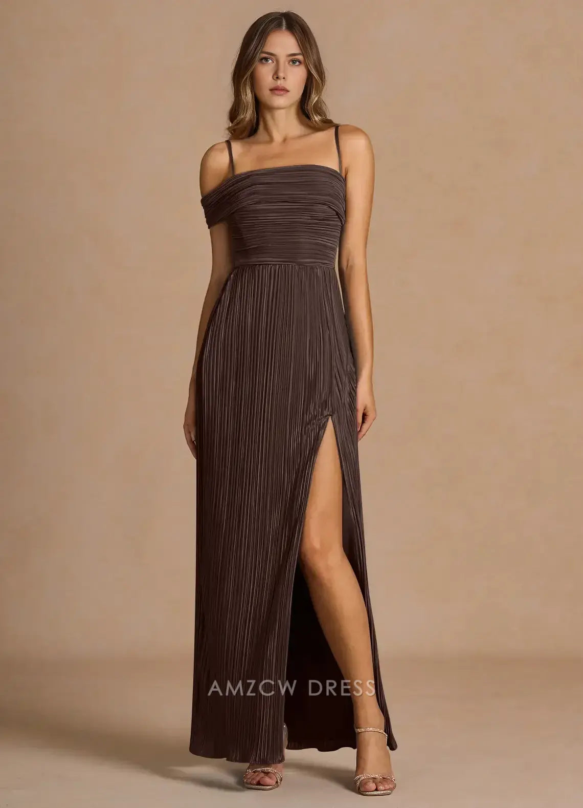 Elegant Off - Shoulder Pleated Ankle-Length Maxi Dress with Side Slit Prom Dress