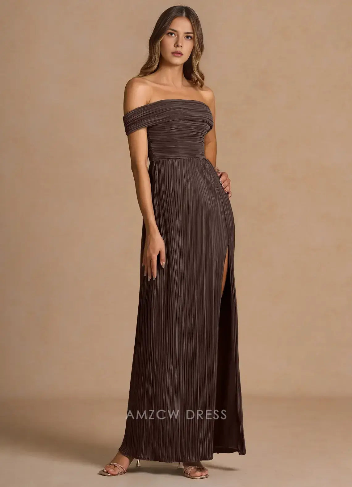 Elegant Off - Shoulder Pleated Ankle-Length Maxi Dress with Side Slit Prom Dress