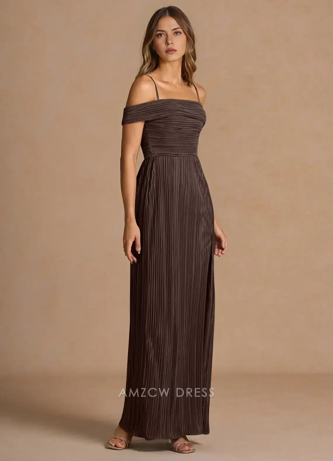 Elegant Off - Shoulder Pleated Ankle-Length Maxi Dress with Side Slit Prom Dress