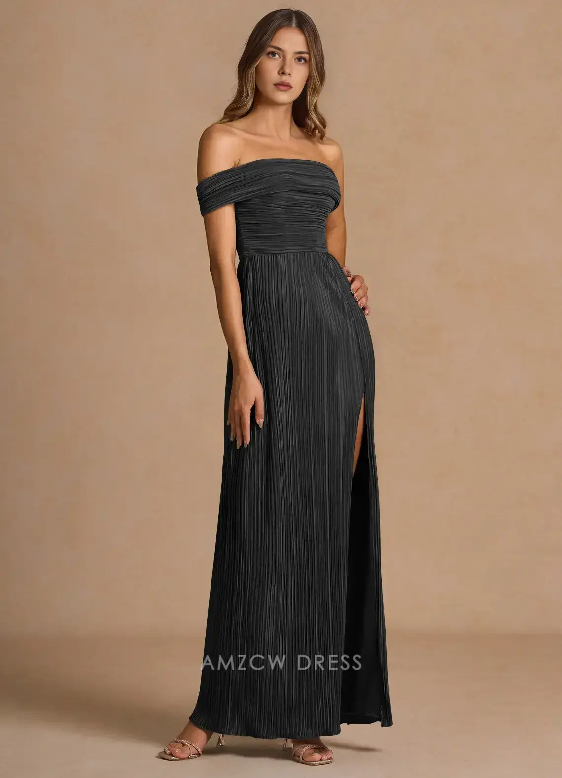 Elegant Off - Shoulder Pleated Ankle-Length Maxi Dress with Side Slit Prom Dress
