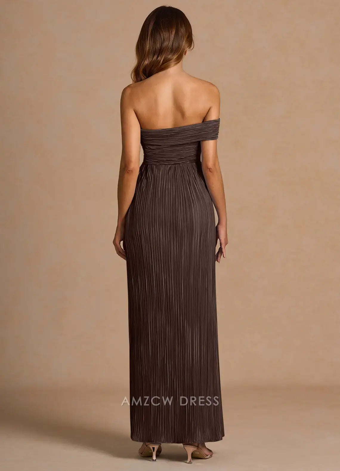 Elegant Off - Shoulder Pleated Ankle-Length Maxi Dress with Side Slit Prom Dress