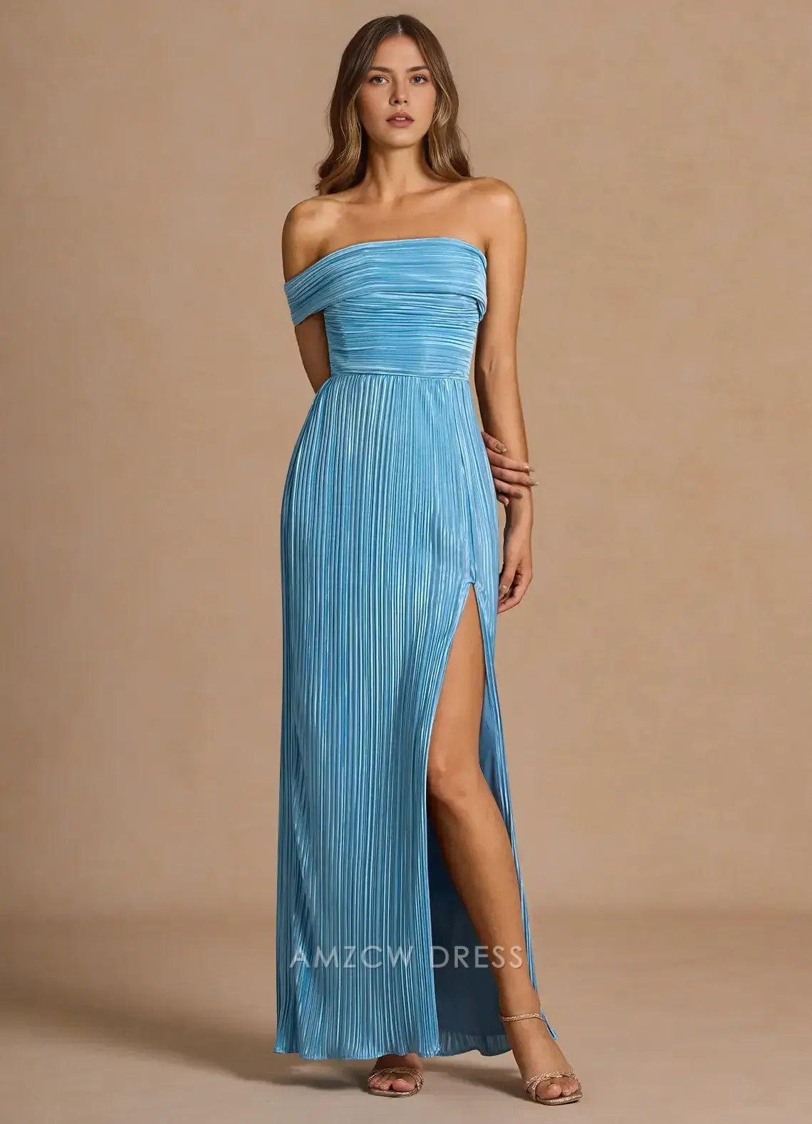 Elegant Off - Shoulder Pleated Ankle-Length Maxi Dress with Side Slit Prom Dress