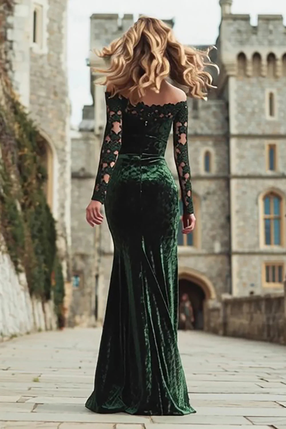 Elegant Off The Shoulder Long Lace Sleeve Velvet Mermaid Evening Dress