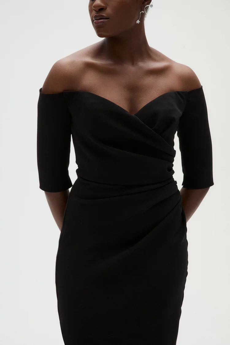 Elegant Off The Shoulder Sweetheart Neck Ruched Waist Midi Evening Dress
