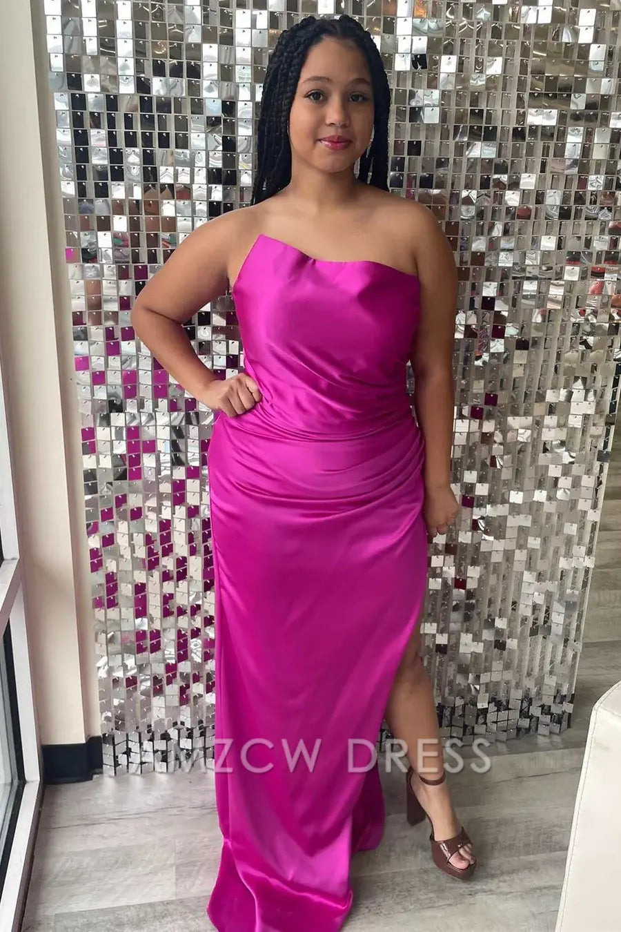 Amzcw Elegant Olive Green Strapless Ruched Long Formal Dress with Slit