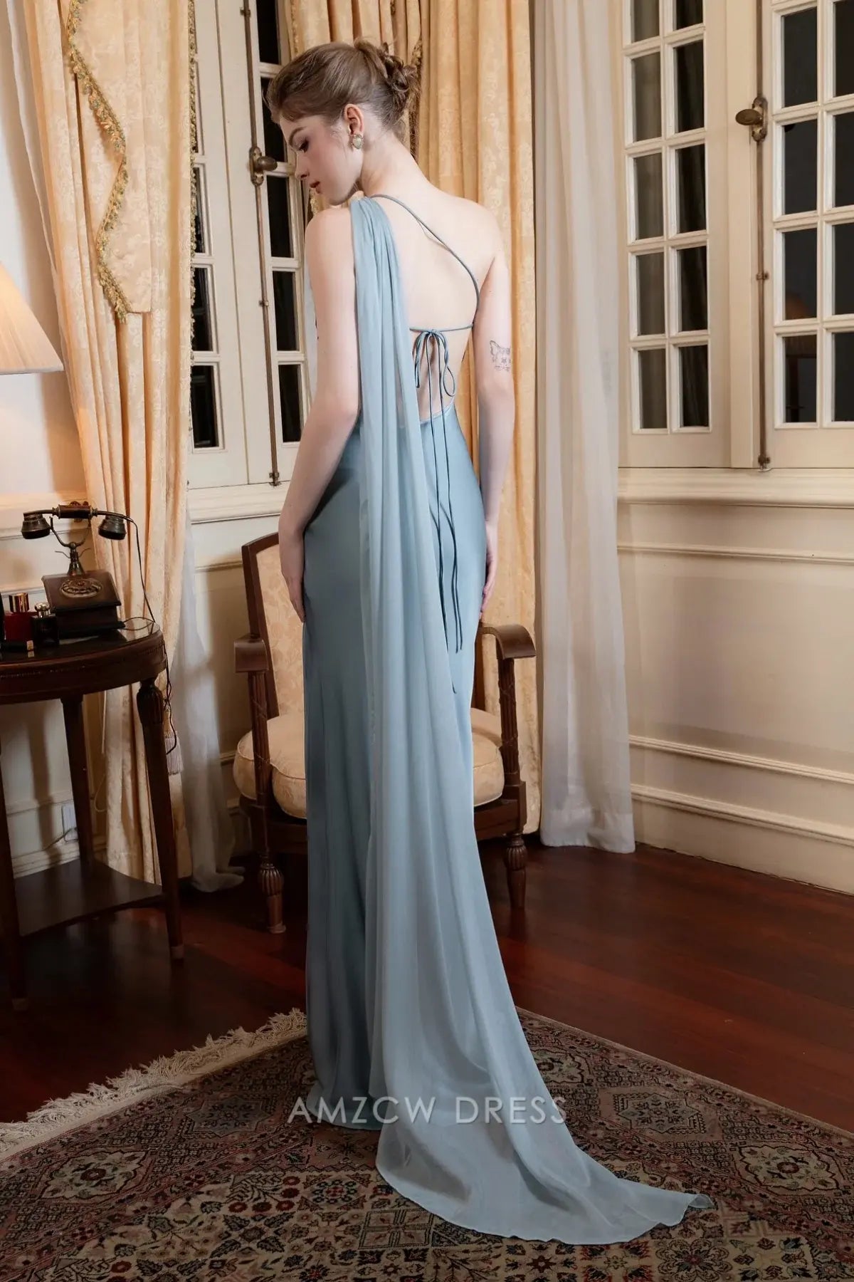 Amzcw Elegantes Vestidos de Fiesta Línea A Satén Verde Azulado con Hombros Descubiertos Mini Vestido Corto Venta Caliente para Mujeres