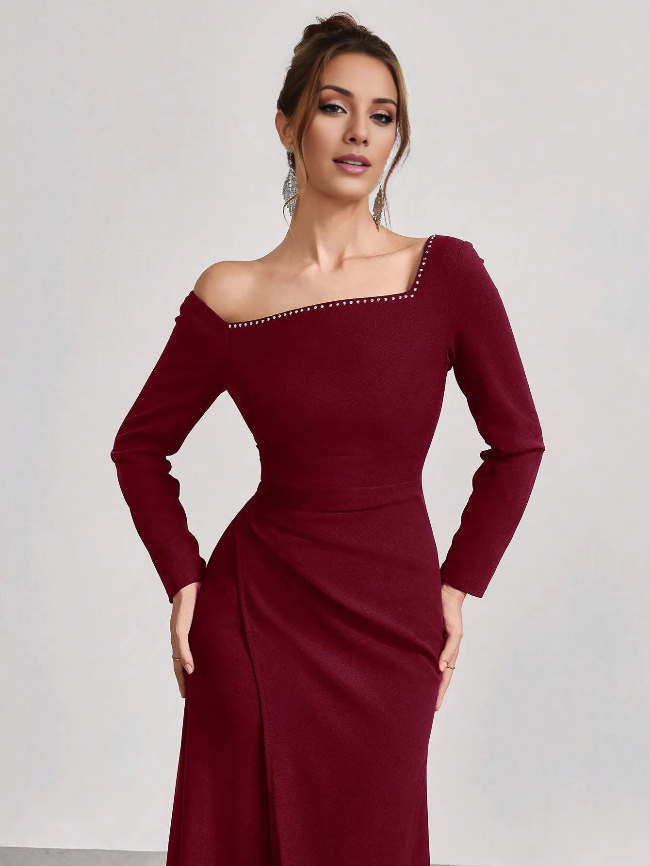 Elegant One-Shoulder Embellished Long Sleeve Wrap Bodice Maxi Dress Prom Dress