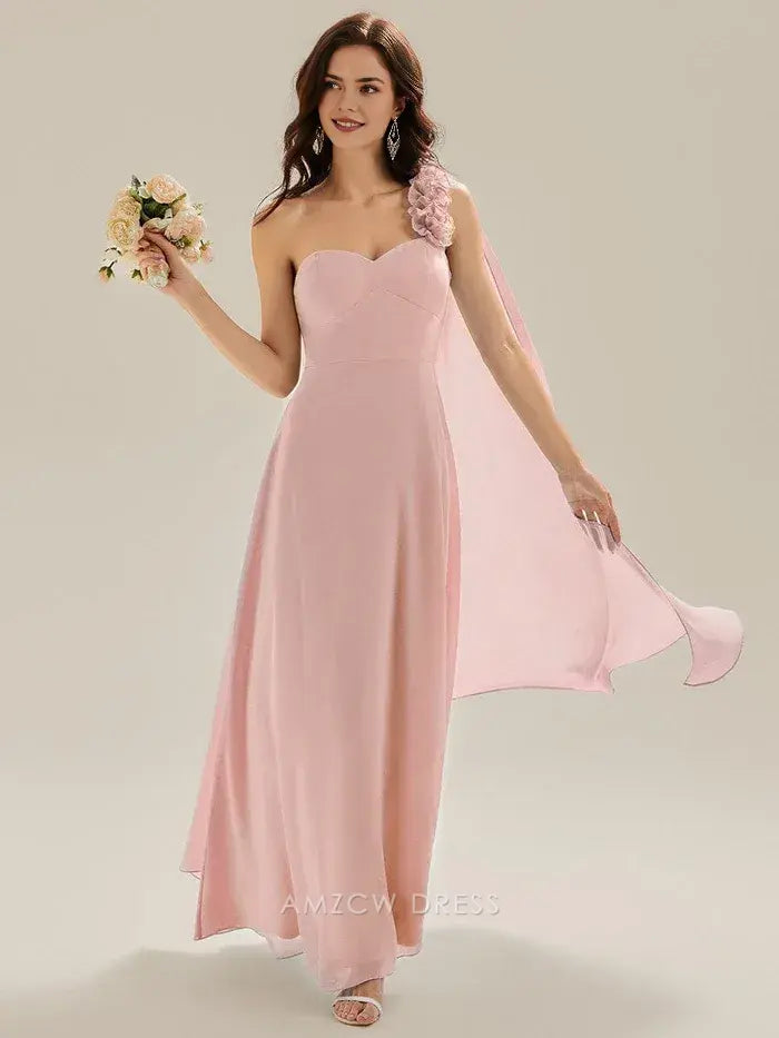 Elegant One - Shoulder Flower Detail Chiffon Maxi Dress with Draped Panel Prom Dress