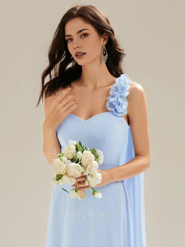 Elegant One - Shoulder Flower Detail Chiffon Maxi Dress with Draped Panel Prom Dress