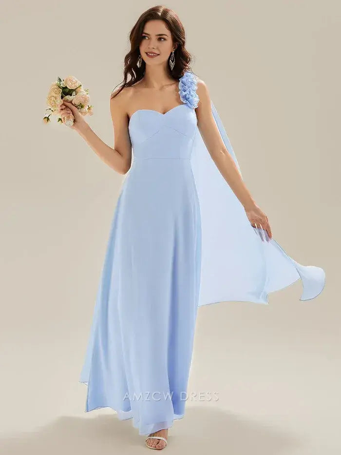Elegant One - Shoulder Flower Detail Chiffon Maxi Dress with Draped Panel Prom Dress