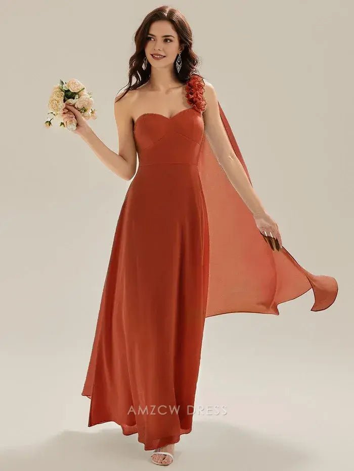 Elegant One - Shoulder Flower Detail Chiffon Maxi Dress with Draped Panel Prom Dress