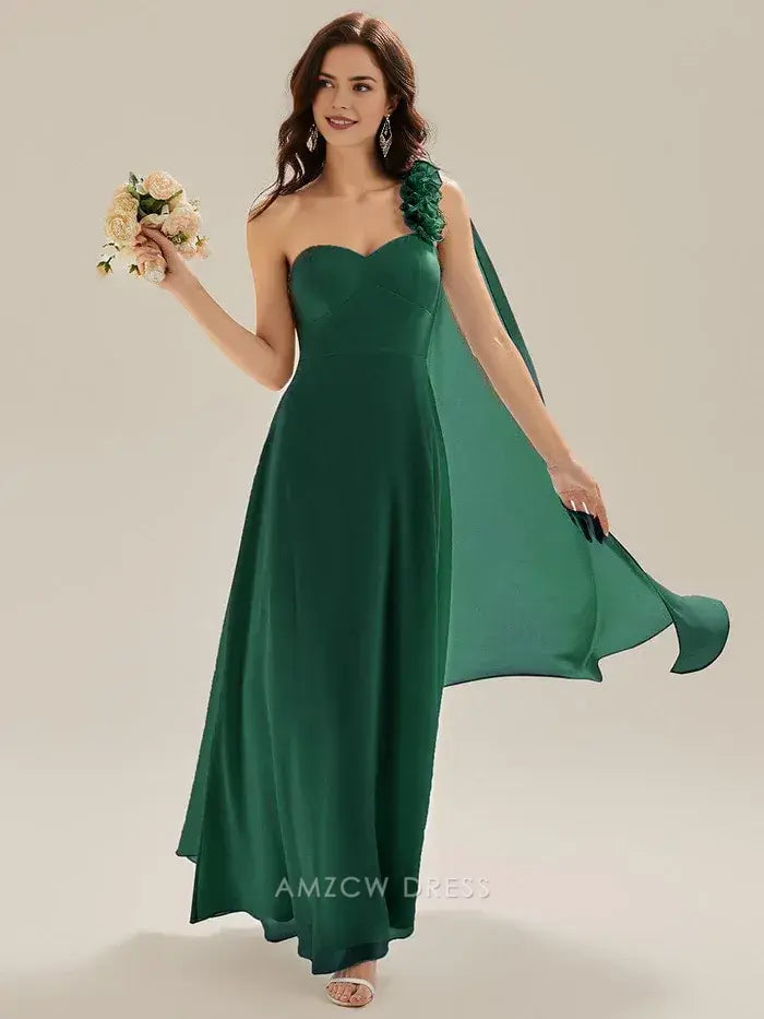 Elegant One - Shoulder Flower Detail Chiffon Maxi Dress with Draped Panel Prom Dress
