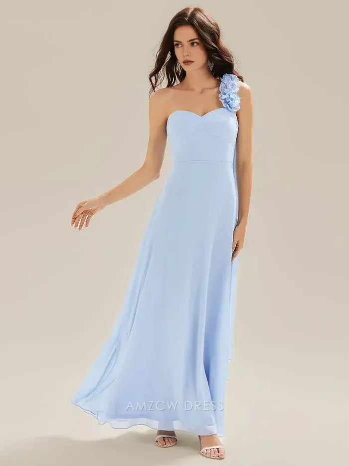 Elegant One - Shoulder Flower Detail Chiffon Maxi Dress with Draped Panel Prom Dress