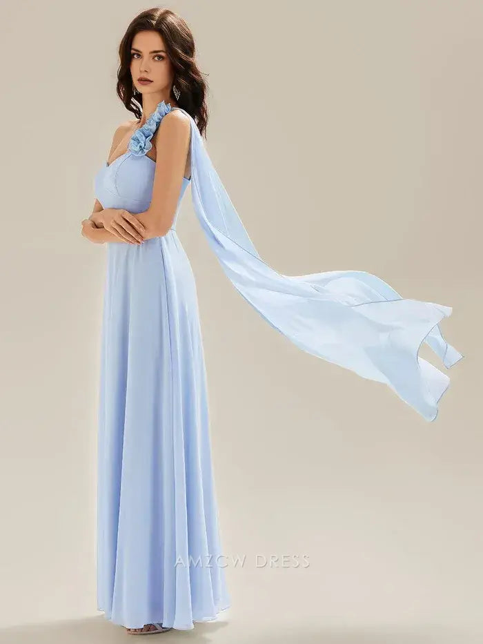 Elegant One - Shoulder Flower Detail Chiffon Maxi Dress with Draped Panel Prom Dress