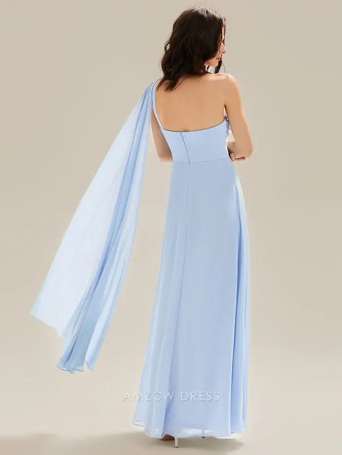 Elegant One - Shoulder Flower Detail Chiffon Maxi Dress with Draped Panel Prom Dress