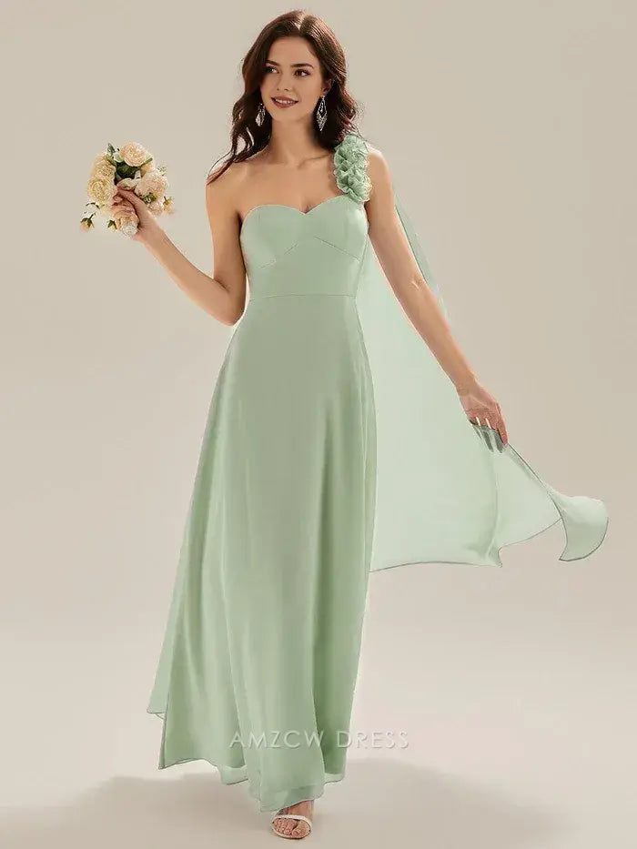 Elegant One - Shoulder Flower Detail Chiffon Maxi Dress with Draped Panel Prom Dress