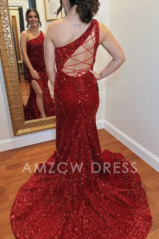 Amzcw Elegant One-Shoulder Red Sequin Mermaid Long Formal Dress