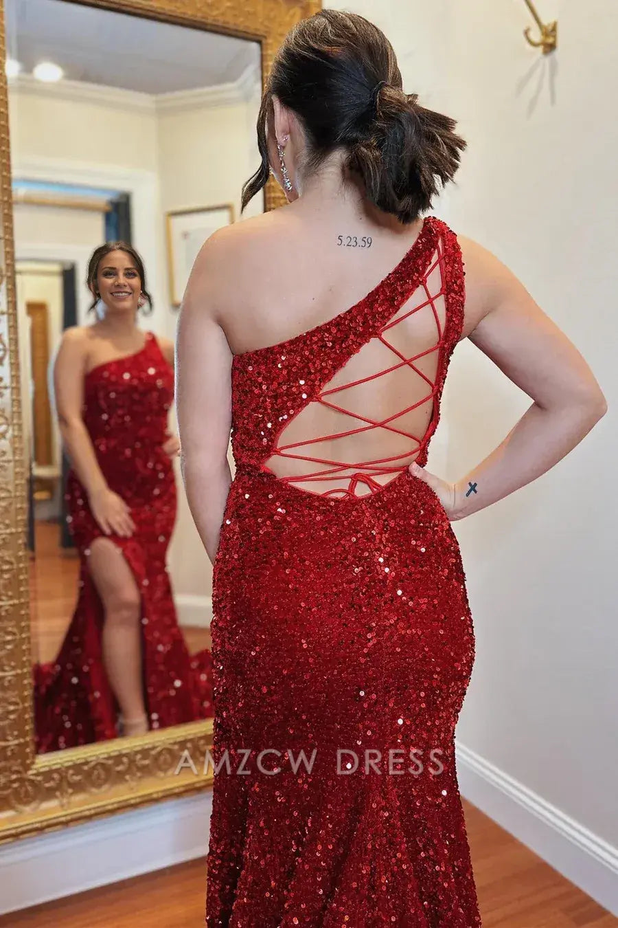Amzcw Elegant One-Shoulder Red Sequin Mermaid Long Formal Dress