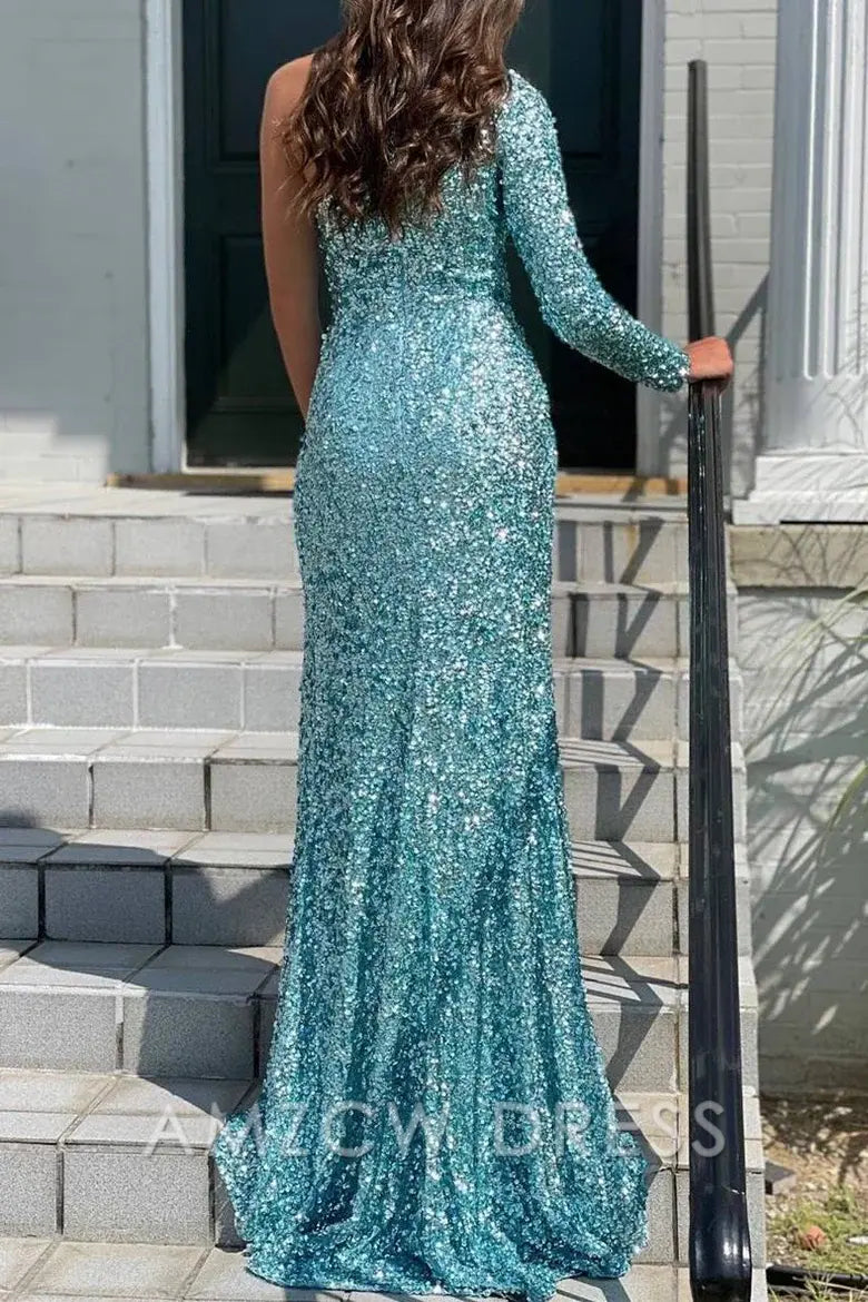 Amzcw Elegant One-shoulder Long Sleeve Tiffany Blue Sequins Long Formal Dress