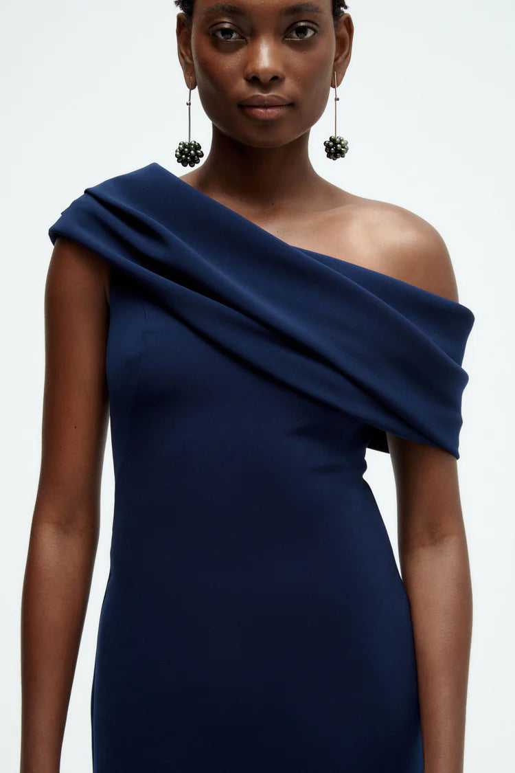 Elegant One Shoulder Draped Sleeve Fitted Column High Slit Evening Dress