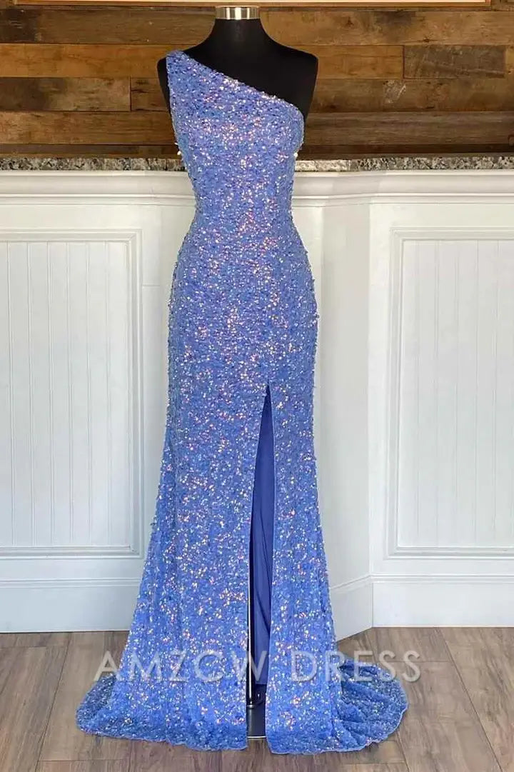 Amzcw Elegant One Shoulder Lavender Sequins Mermaid Long Formal Dress