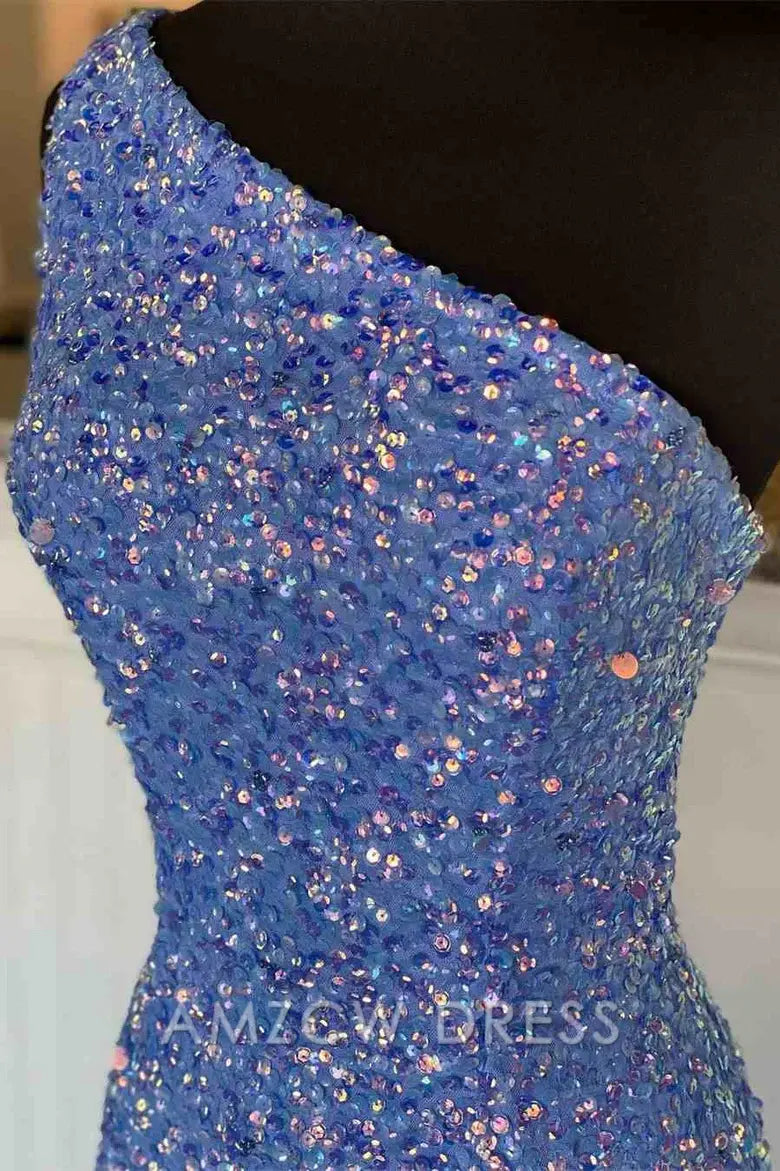 Amzcw Elegant One Shoulder Lavender Sequins Mermaid Long Formal Dress