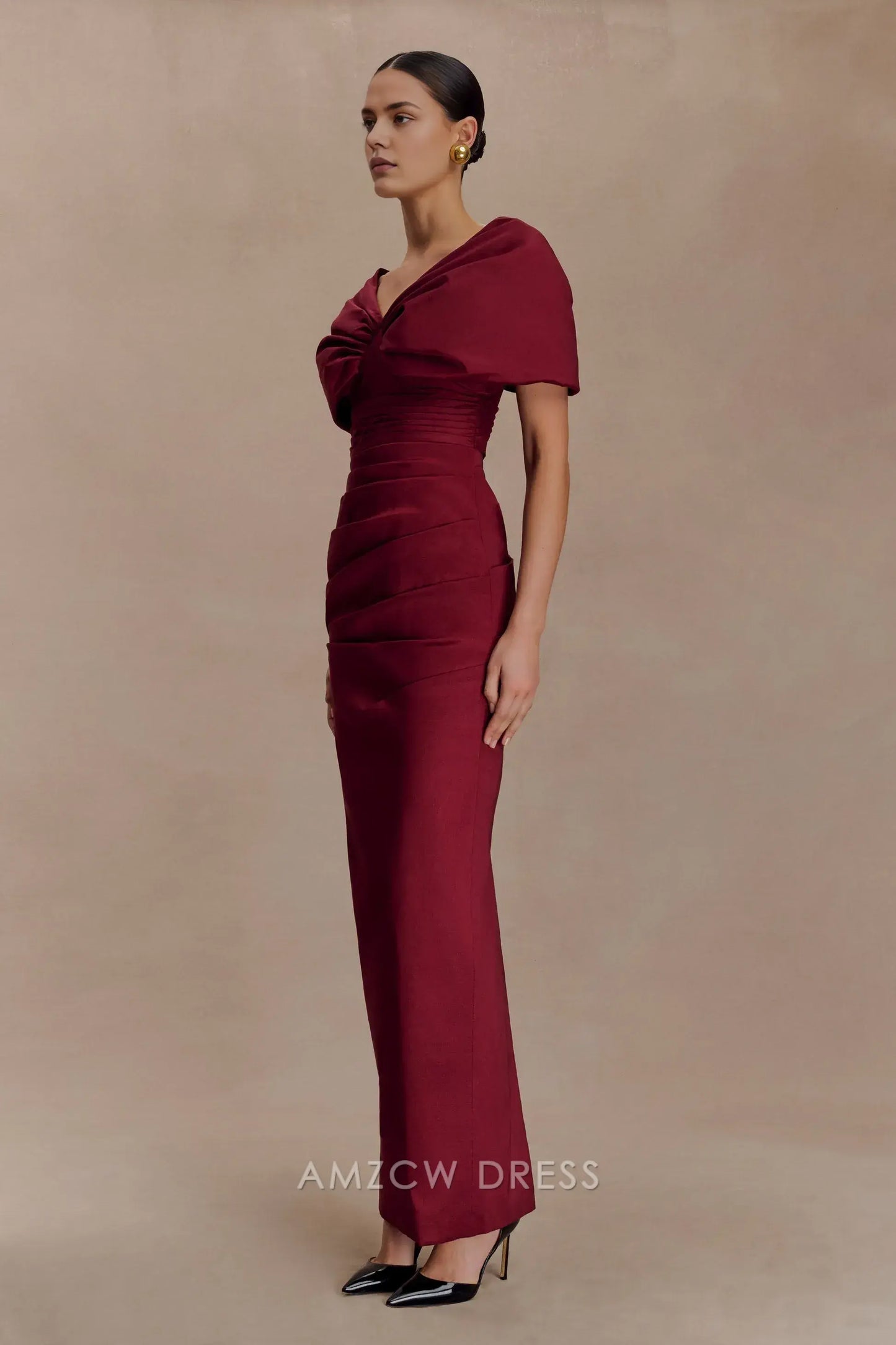 Elegant Plus Size Sheath/Column V - Neck Puff Sleeve Maxi Dress with Back Slit Prom Dress