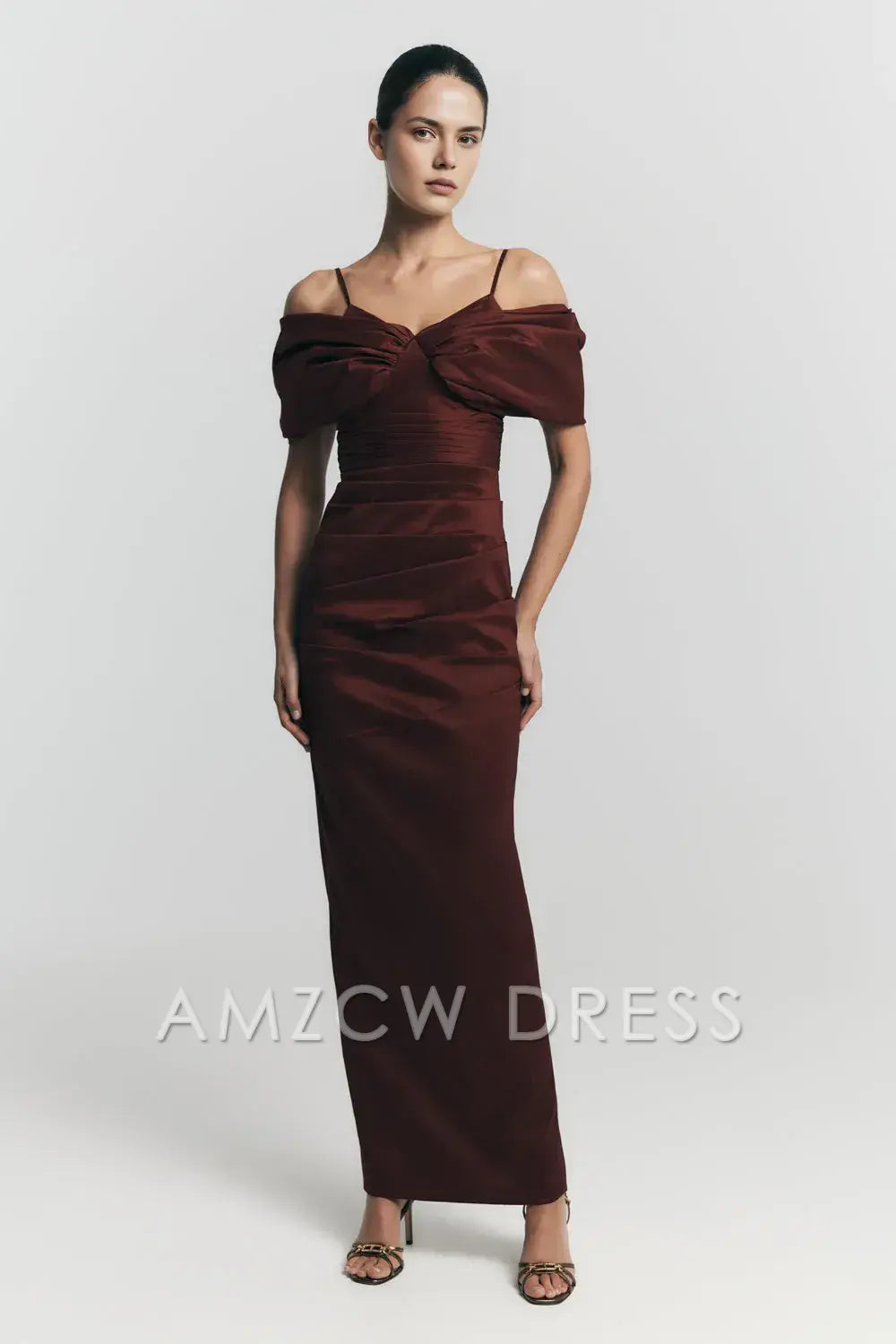 Elegant Plus Size Sheath/Column V - Neck Puff Sleeve Maxi Dress with Back Slit Prom Dress