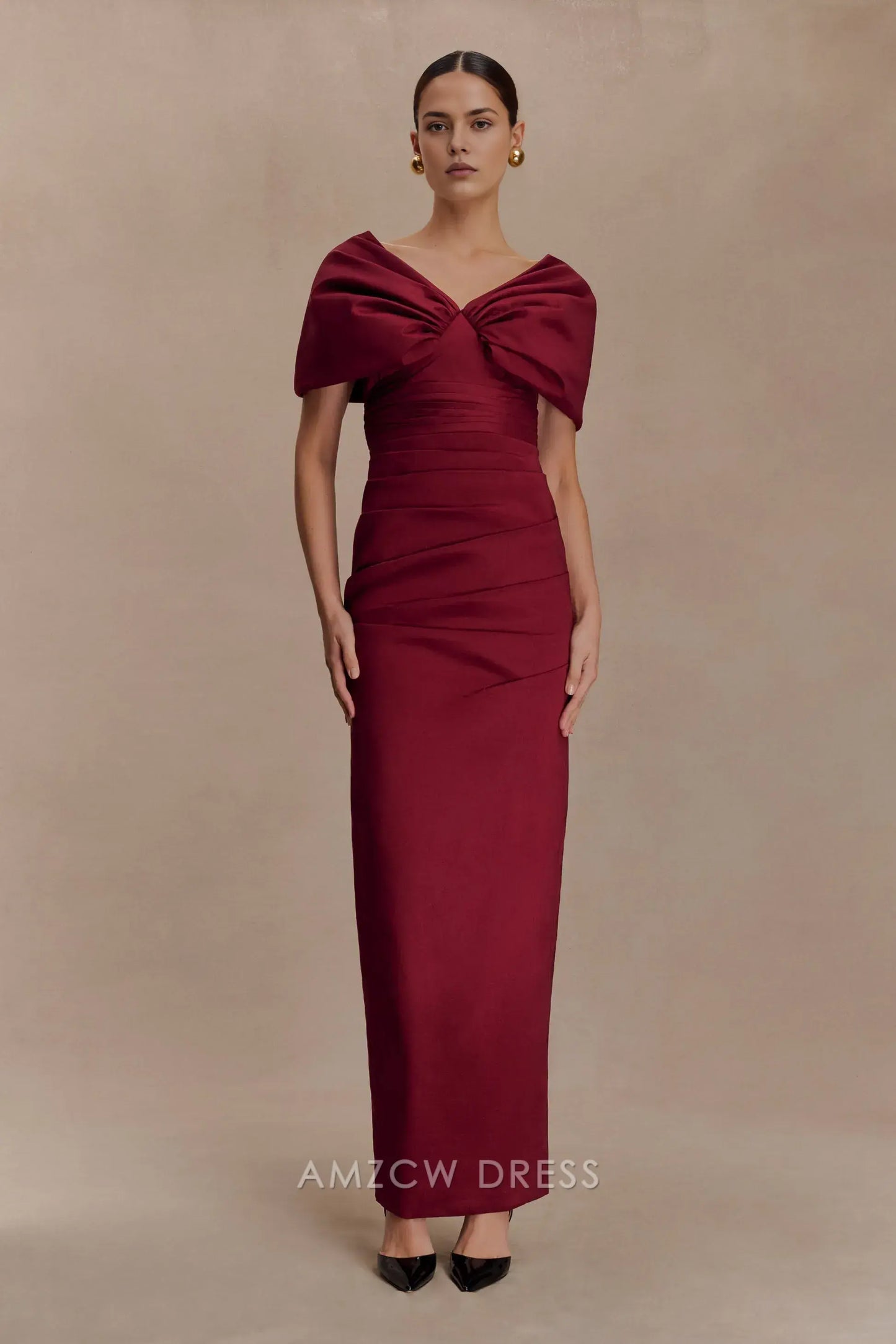 Elegant Plus Size Sheath/Column V - Neck Puff Sleeve Maxi Dress with Back Slit Prom Dress