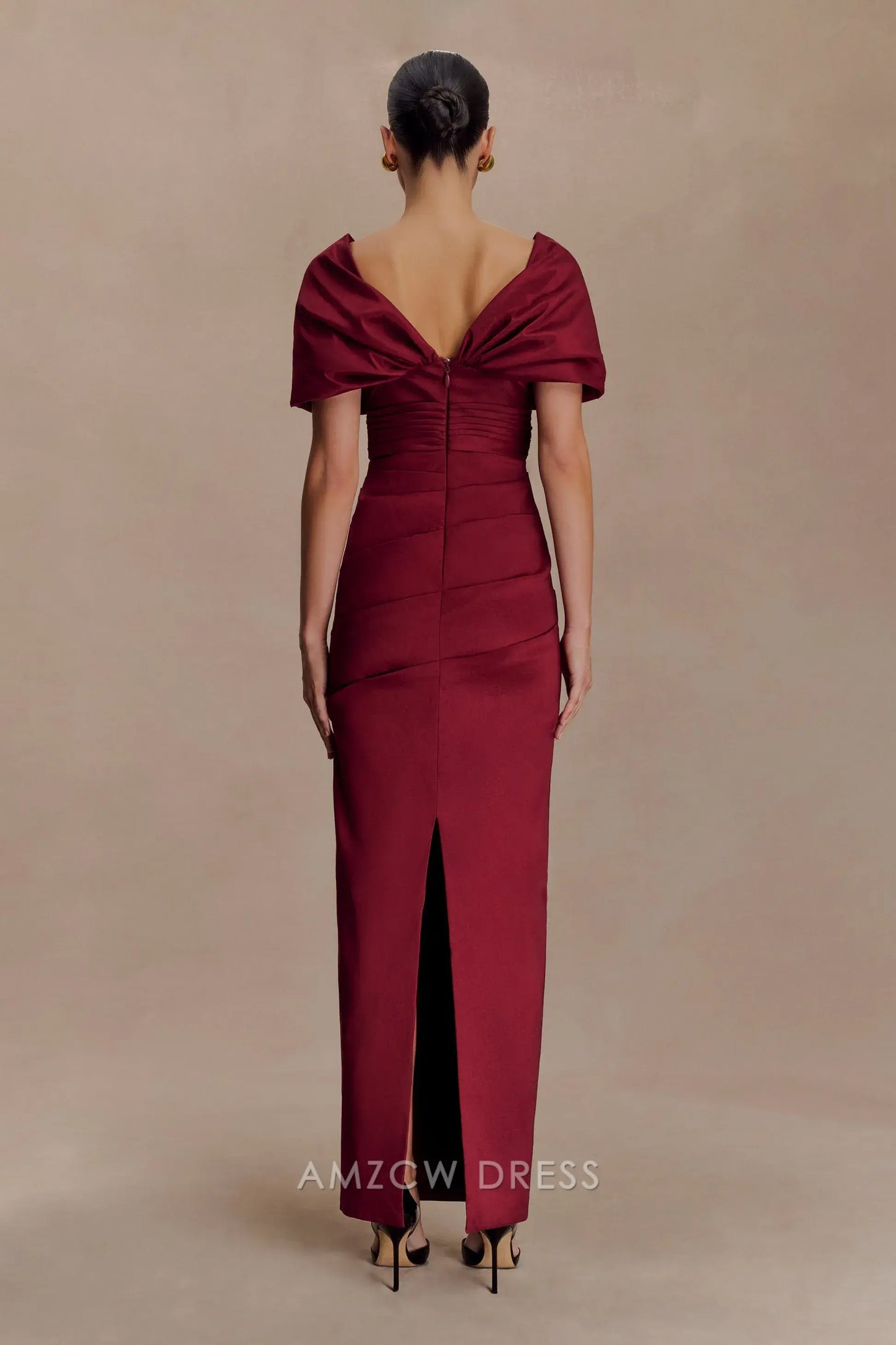 Elegant Plus Size Sheath/Column V - Neck Puff Sleeve Maxi Dress with Back Slit Prom Dress