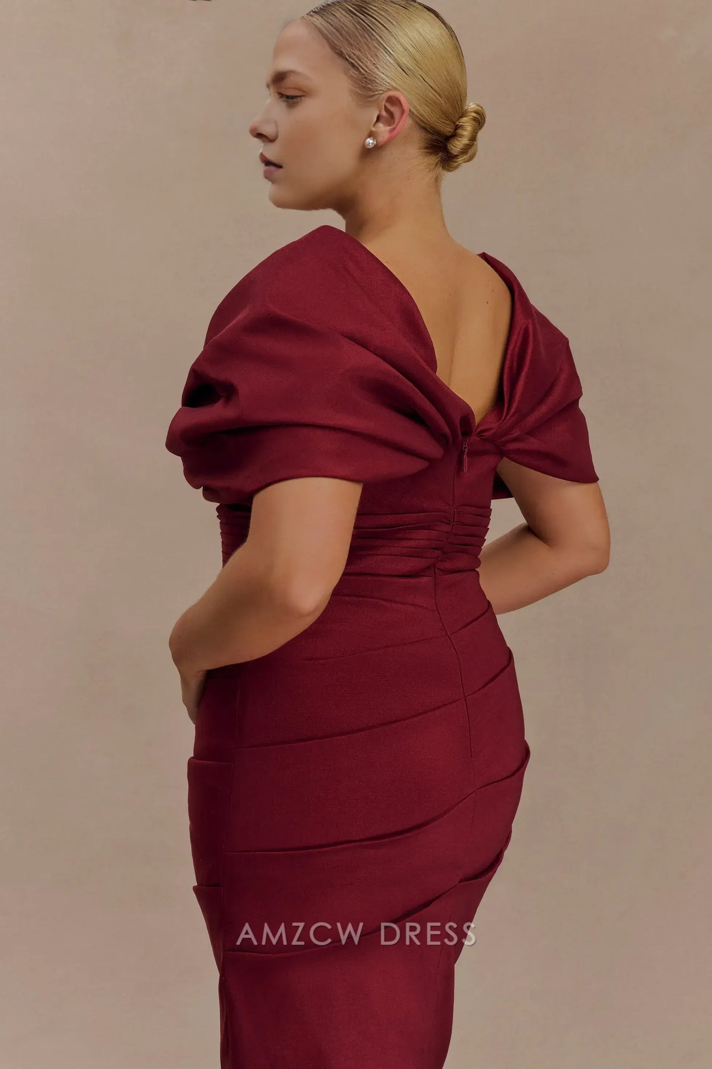 Elegant Plus Size Sheath/Column V - Neck Puff Sleeve Maxi Dress with Back Slit Prom Dress