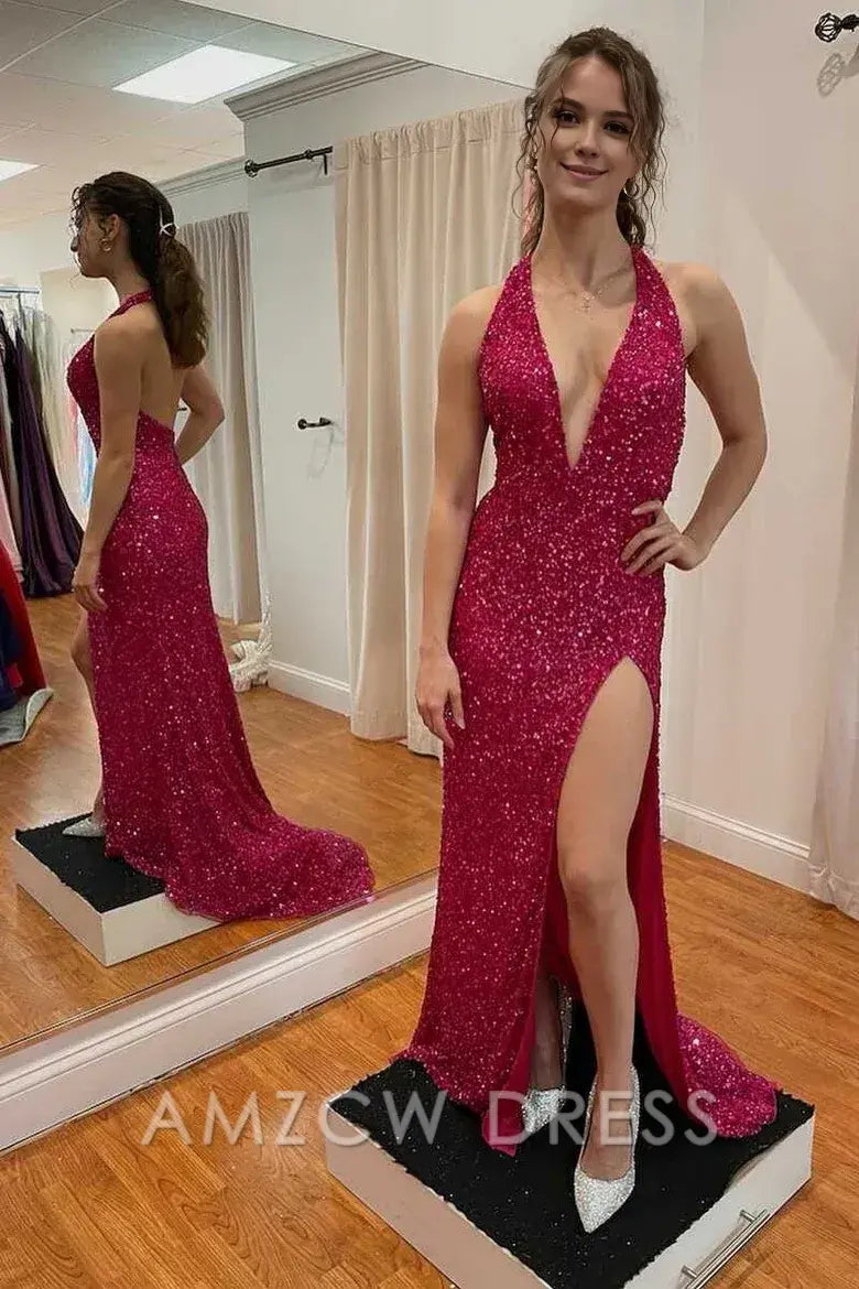 Amzcw Elegant Red Sequin Halter Backless Long Formal Dress with Side Slit