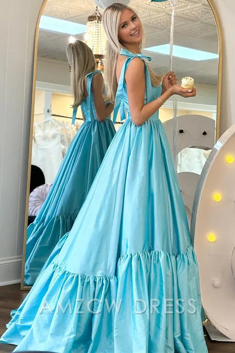 Amzcw Elegante vestido de fiesta largo de corte A con escote en forma de corazón rojo y tirantes con lazo