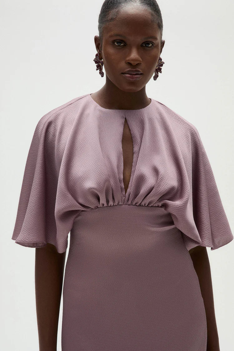 Elegant Round Neck Keyhole Cutout Flutter Sleeve Gathered Waist Midi Evening Dress