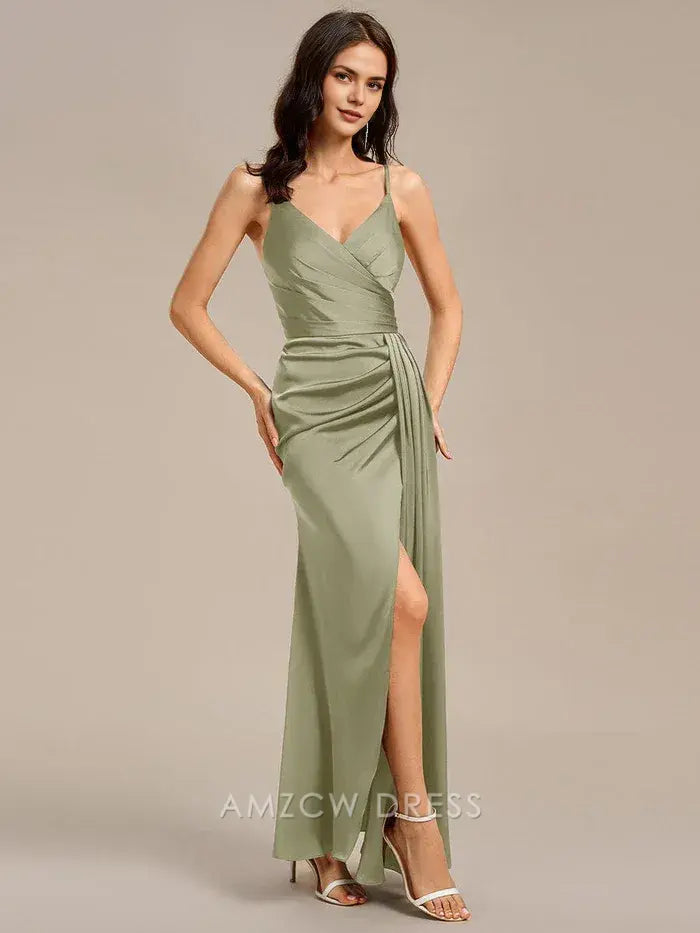 Elegant Satin Spaghetti Strap Mermaid Wrap Front Side Slit Maxi Dress Bridesmaid Dress Prom Dress