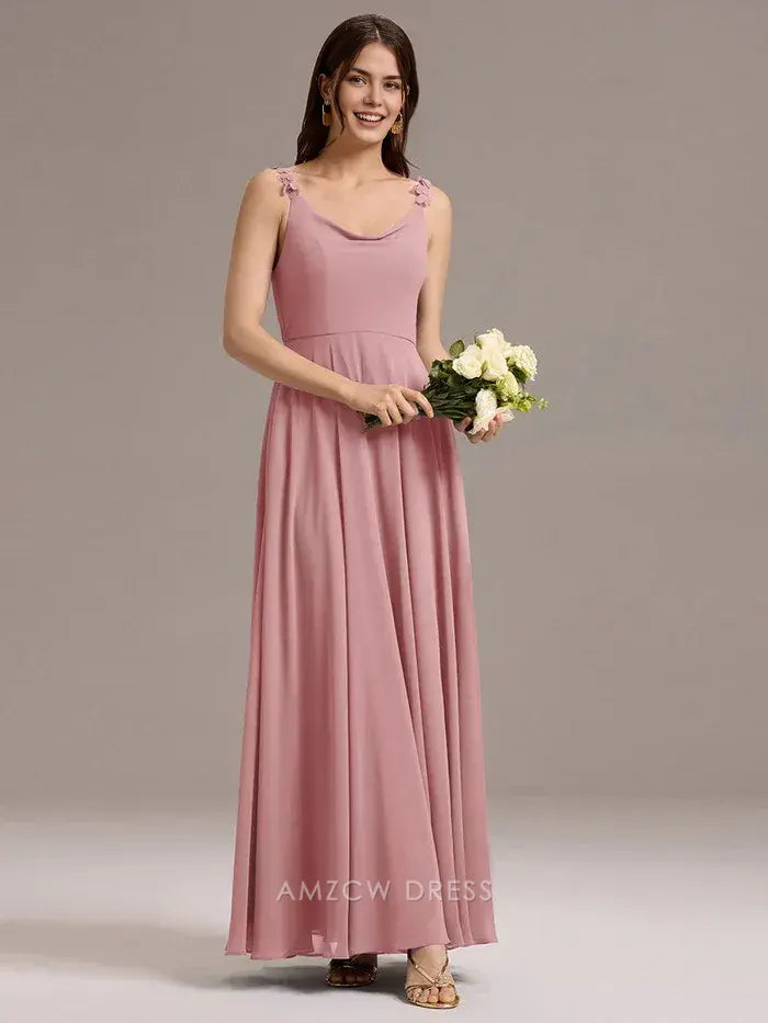 Elegant Scoop Neck Flower Detail Strap Maxi Dress with Pockets Prom Dress