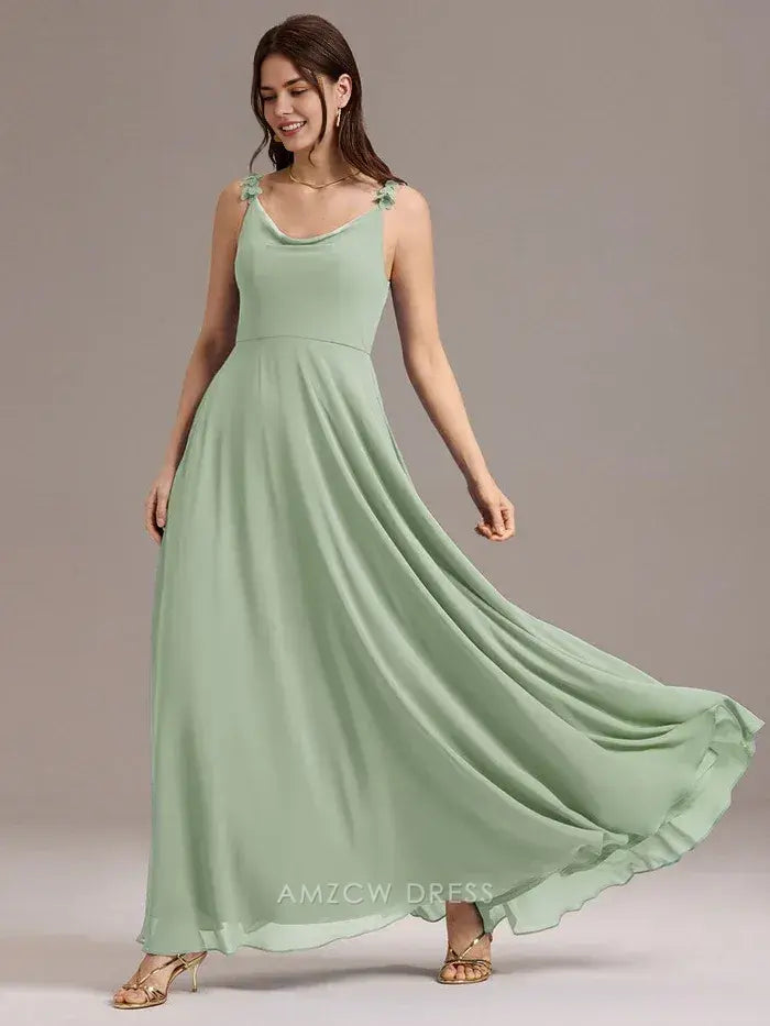 Elegant Scoop Neck Flower Detail Strap Maxi Dress with Pockets Prom Dress