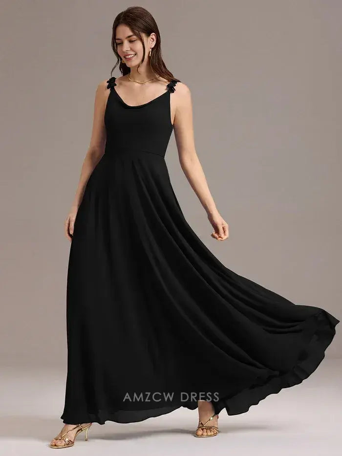 Elegant Scoop Neck Flower Detail Strap Maxi Dress with Pockets Prom Dress