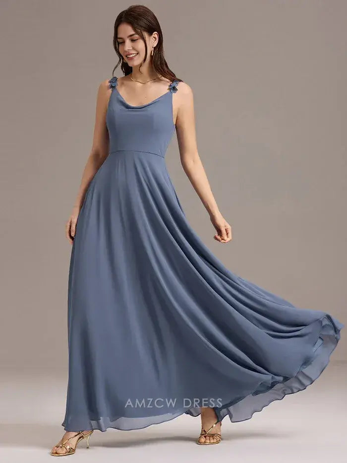Elegant Scoop Neck Flower Detail Strap Maxi Dress with Pockets Prom Dress