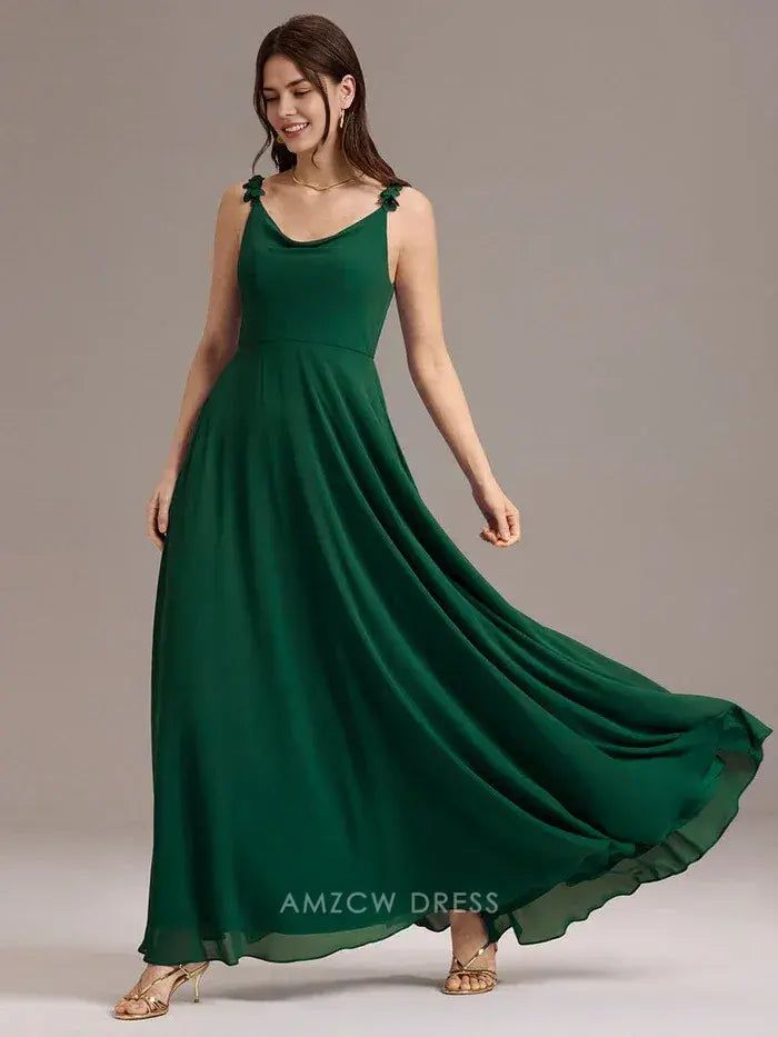 Elegant Scoop Neck Flower Detail Strap Maxi Dress with Pockets Prom Dress